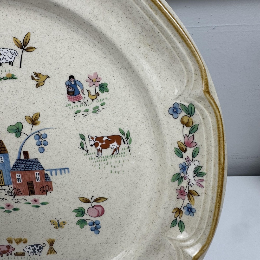 Vintage International China Heartland Chop Plate Large Beige Farm Scene Japan - Picture 4 of 10
